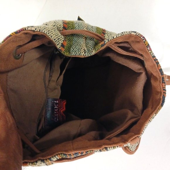 Catori Southwestern Drawstring Mini Backpack Bag Brown Blanket Canvas Tweed - Picture 12 of 15